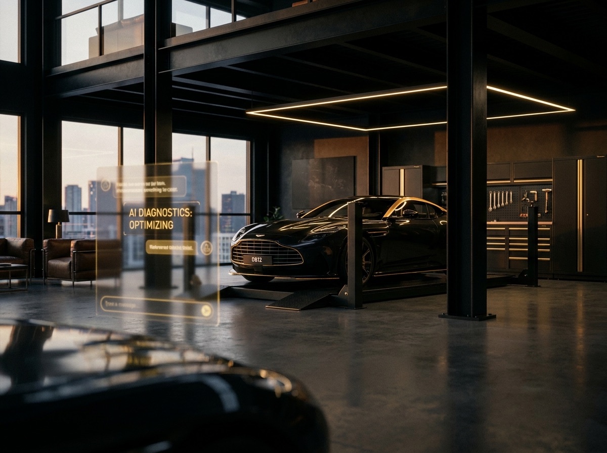Upscale auto repair garage with a luxury car on a lift and a glowing gold AI diagnostics panel