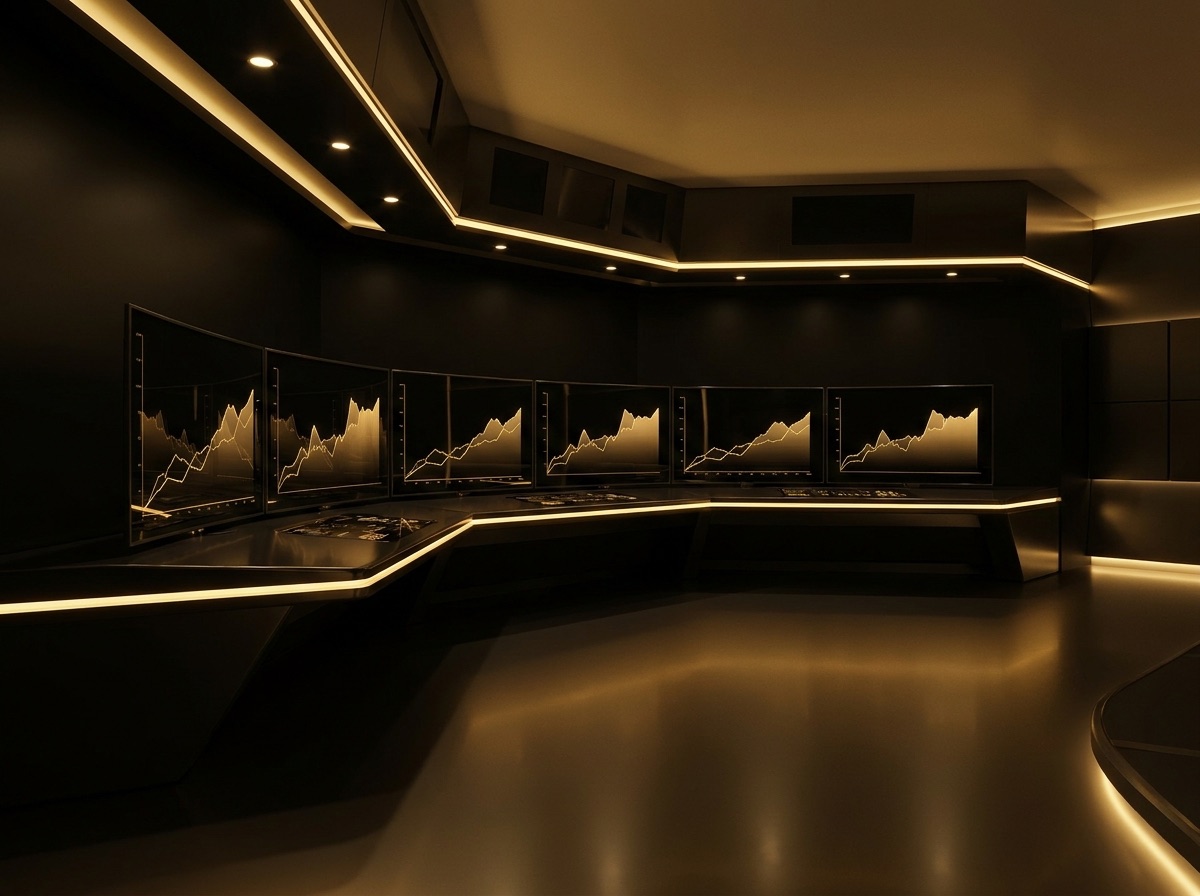 Gold analytics dashboards glowing against a dark command center