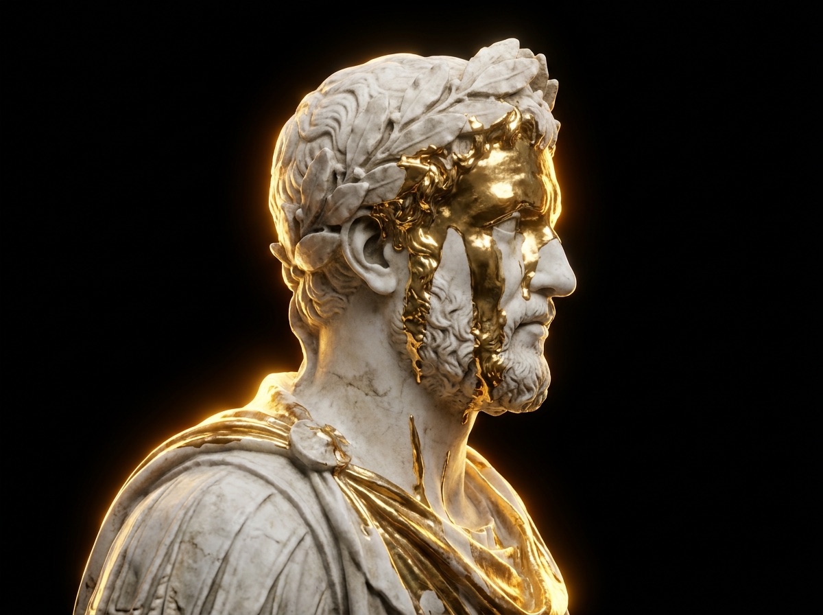 Roman marble bust gilded in gold against a black background