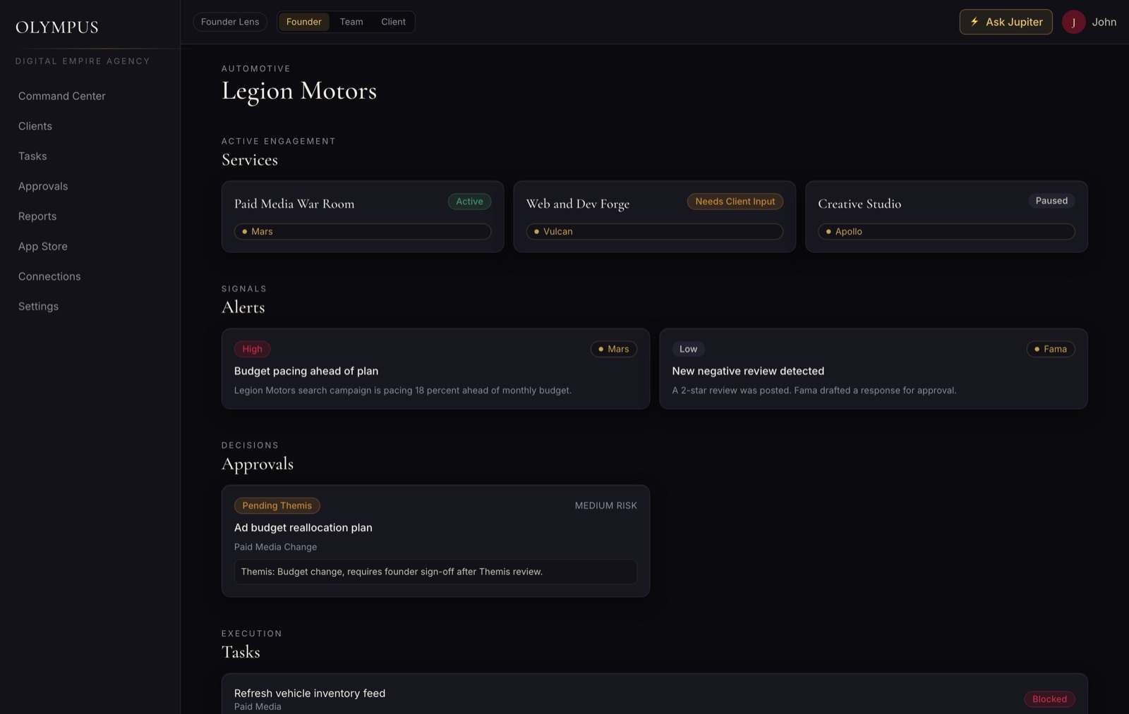 Olympus Portal client workspace for Legion Motors showing Paid Media War Room run by Mars, Web and Dev Forge by Vulcan, Creative Studio by Apollo, plus alerts, approvals and tasks