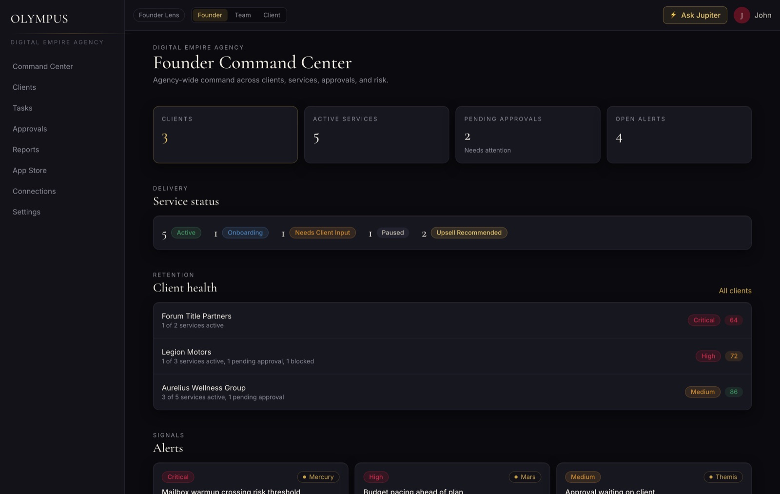Olympus Portal Founder Command Center showing client count, active services, pending approvals, open alerts, service status and client health scores