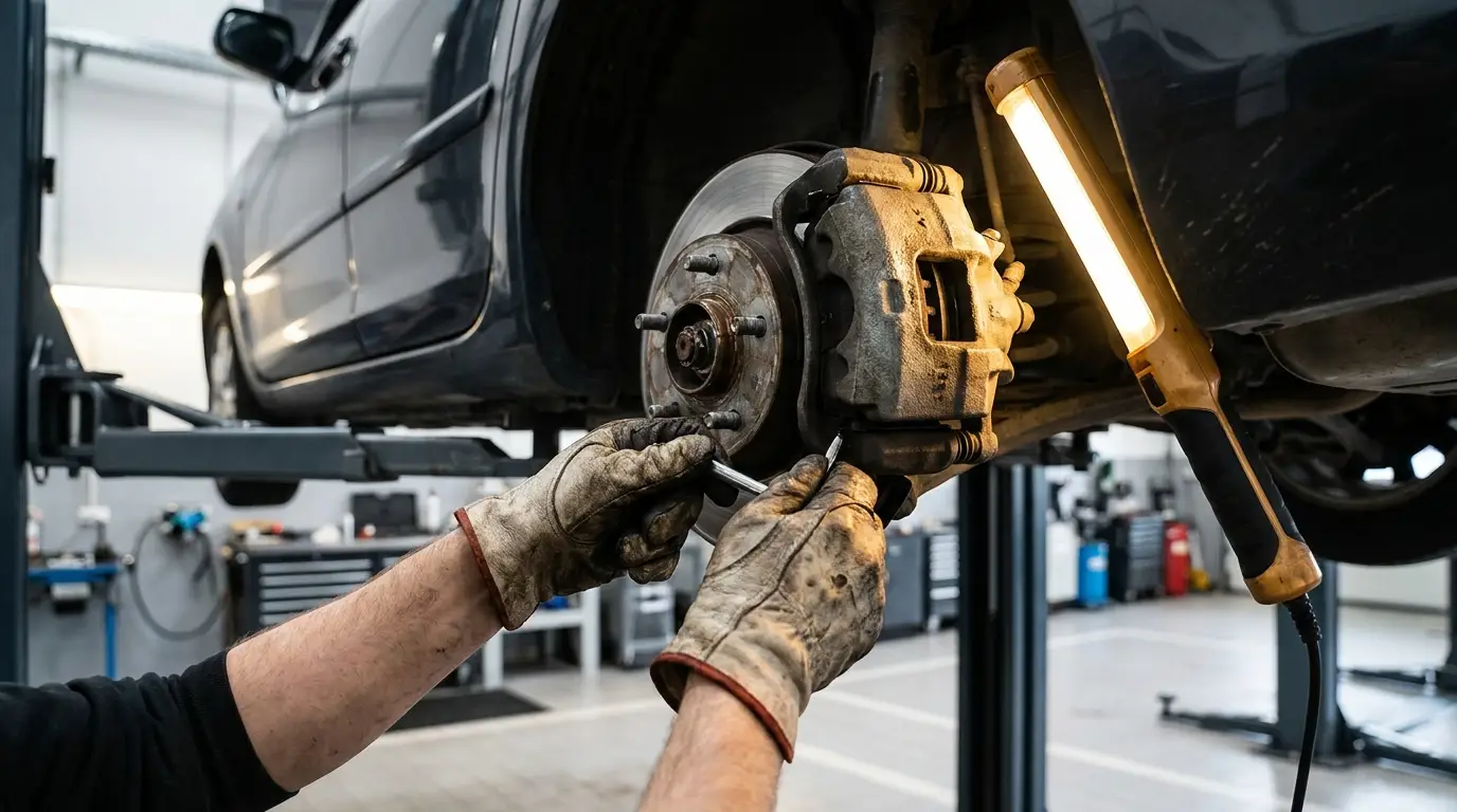 A mechanic working on a car brake on a lift