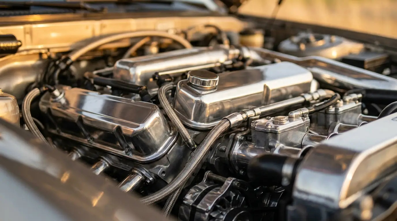 Close-up of a clean, detailed car engine bay