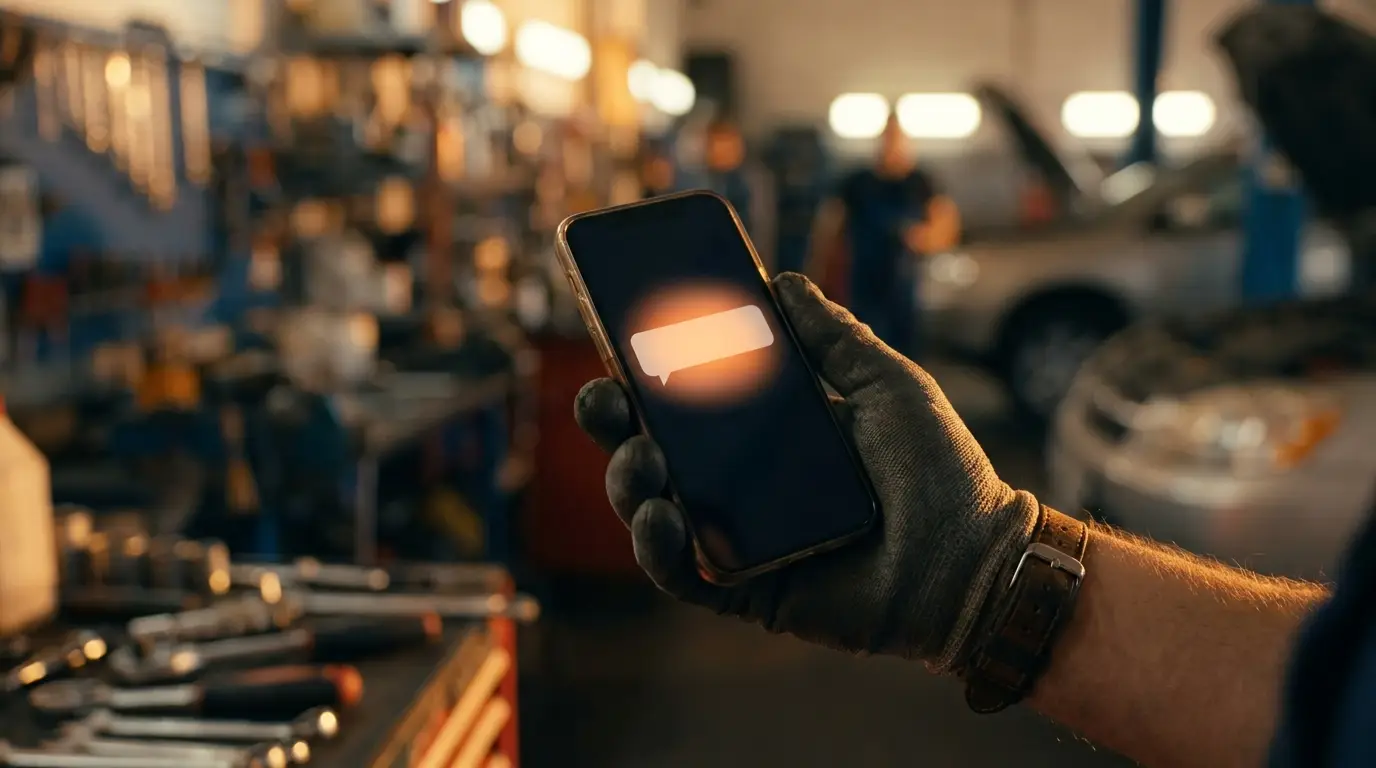 A hand holding a phone with a new message notification