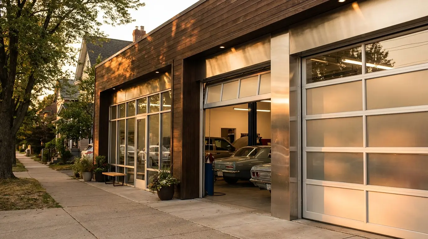 A local auto repair shop storefront at golden hour
