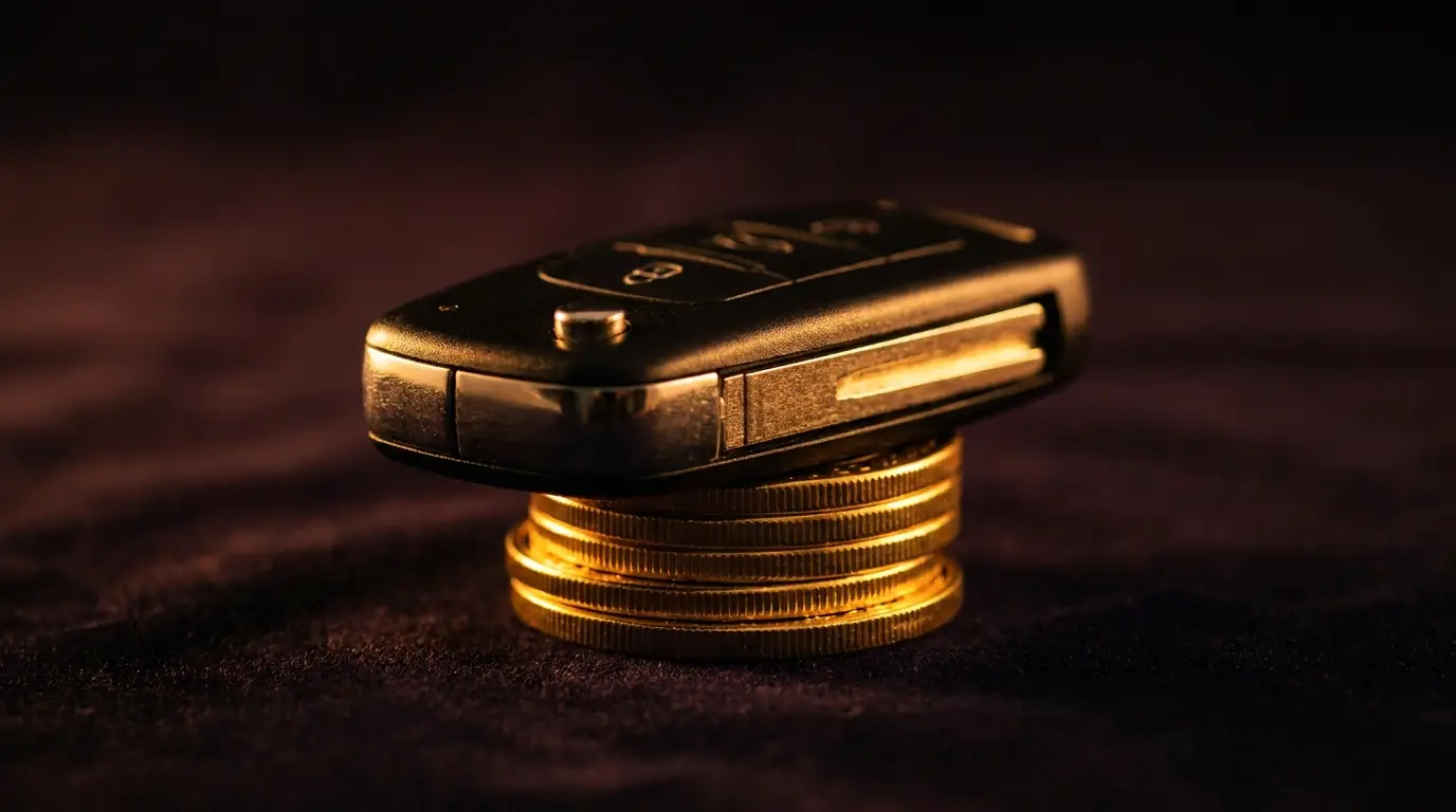 A car key resting on a stack of gold coins