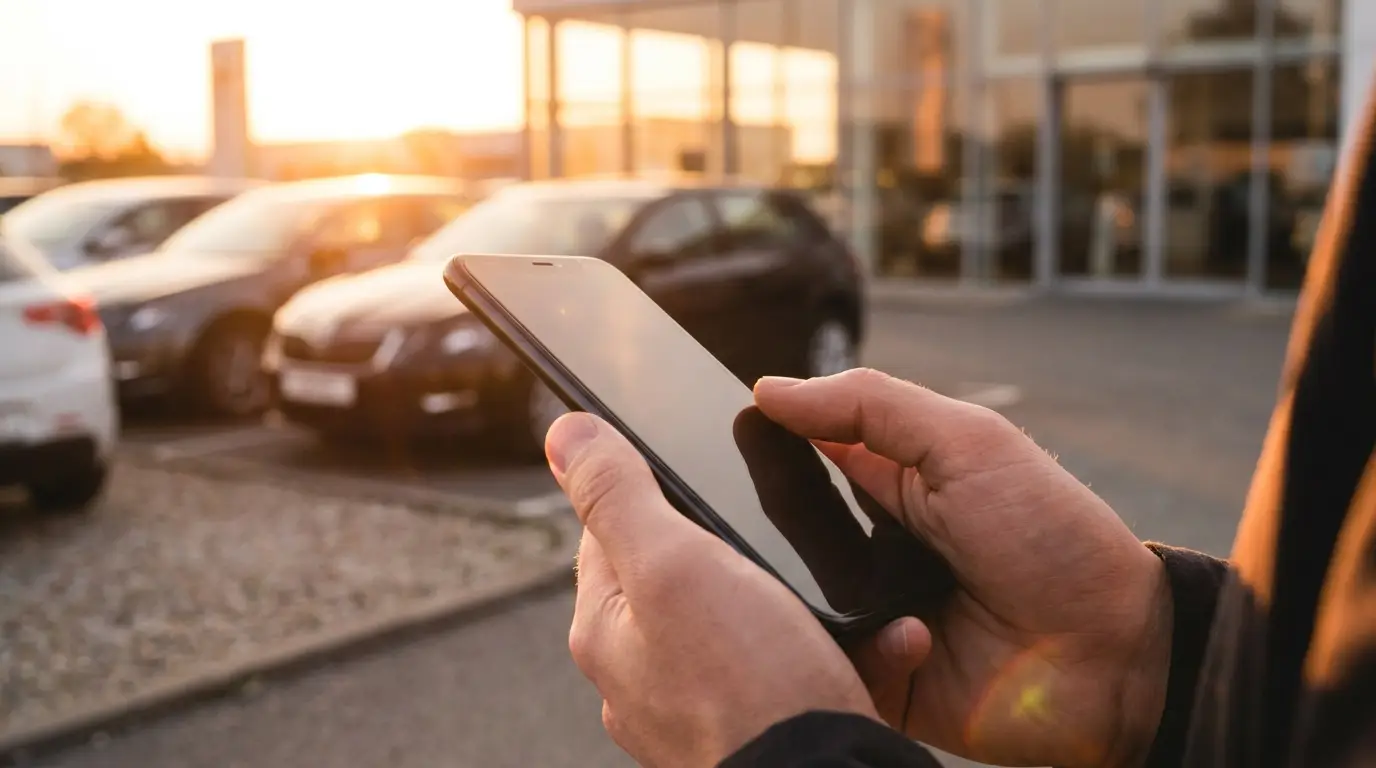 A shopper searching for a vehicle on a dealership lot at golden hour