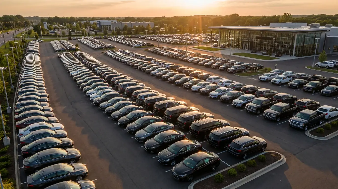 Rows of new cars on a dealership lot